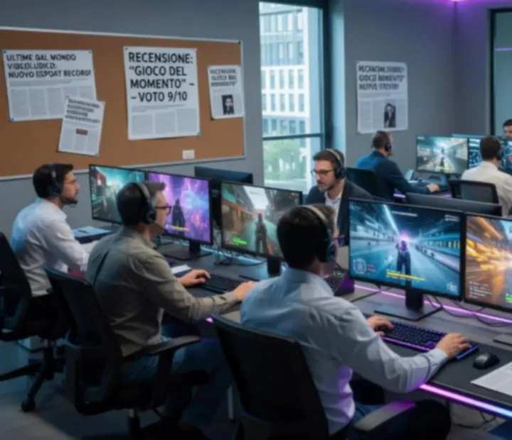 Redazione gaming con monitor che mostrano notizie e trend videoludici