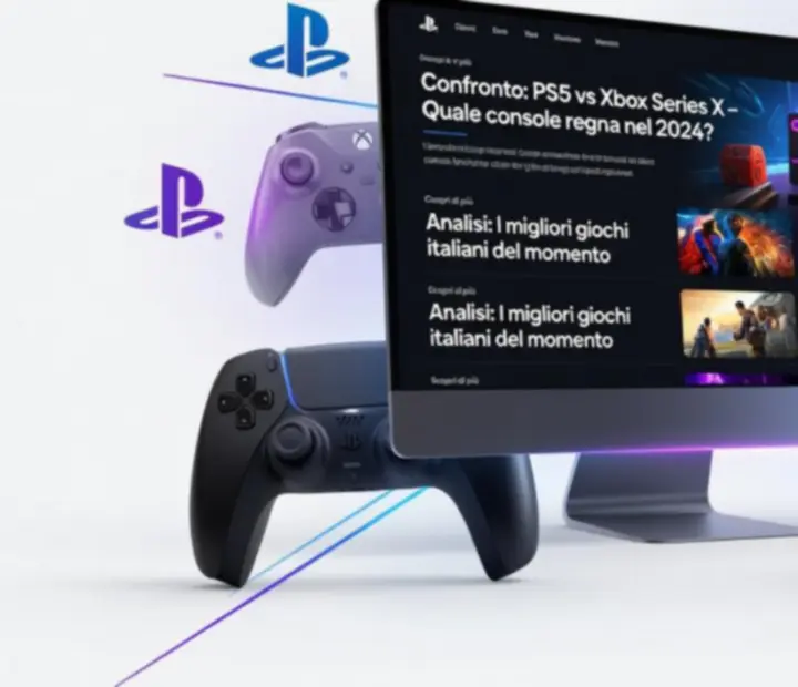 Panoramica di un portale gaming moderno con schermate di giochi e confronti